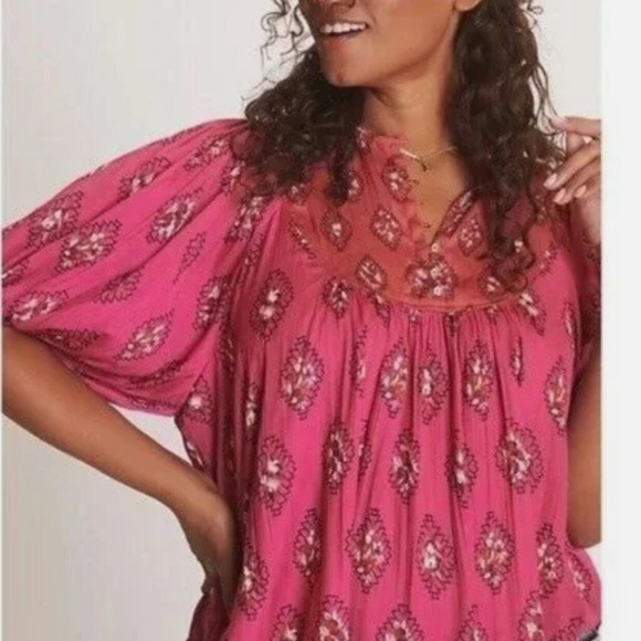 Anthropologie Tops - Anthropologie Pink Puff Sleeve Smocked Blouse M